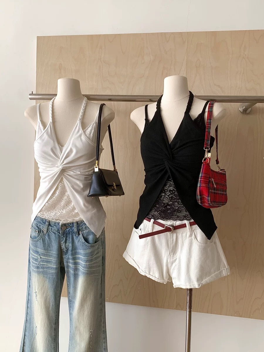 Mix Lace Round Collar Singlet Top