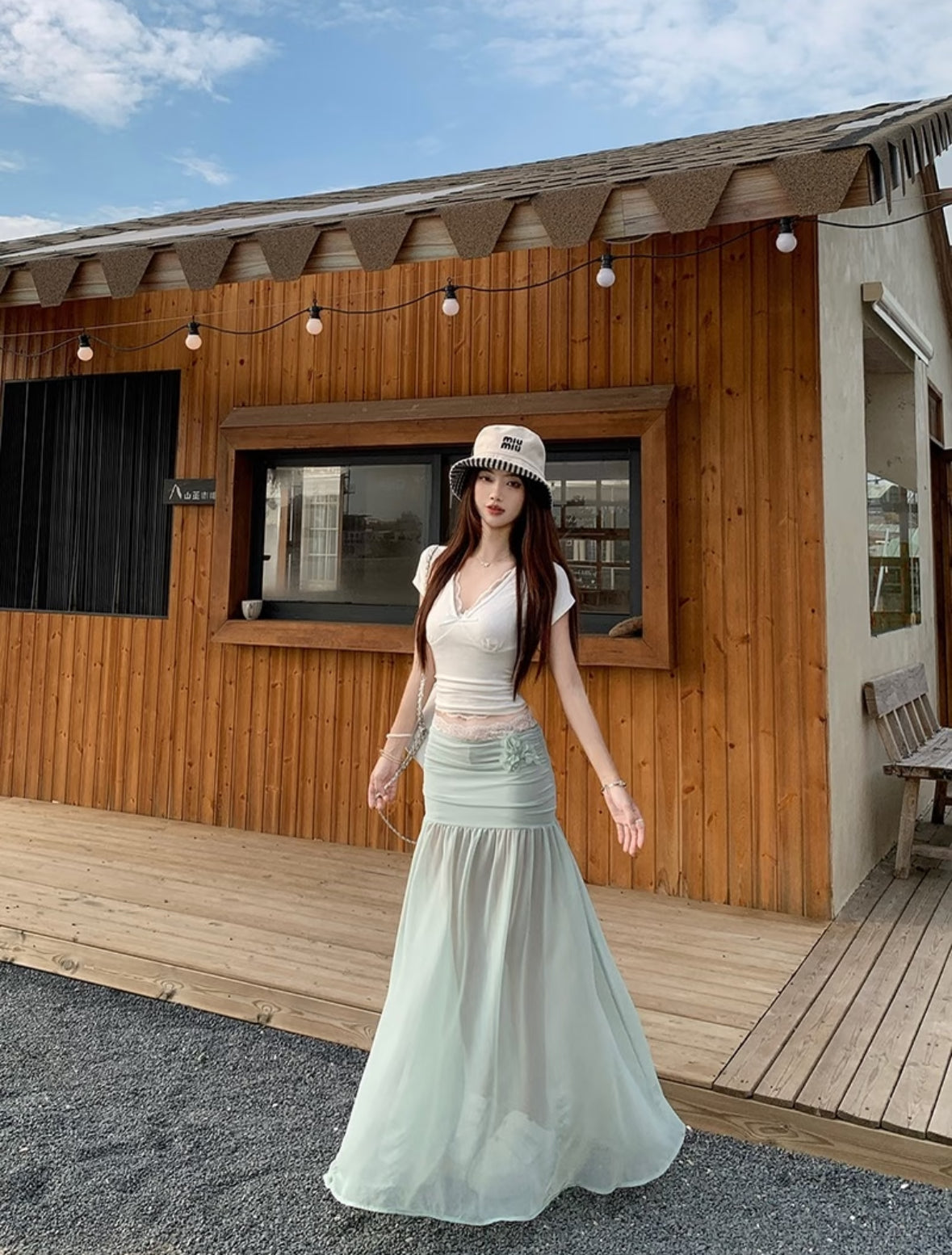 White Top + Mint Skirt Two Piece Set