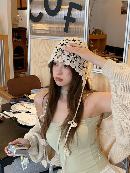 Beige Strap Knitted Embroidery Hat