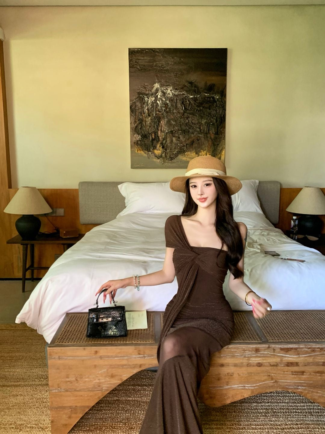 Chocolate Side Strap Mesh Long Maxi Dress