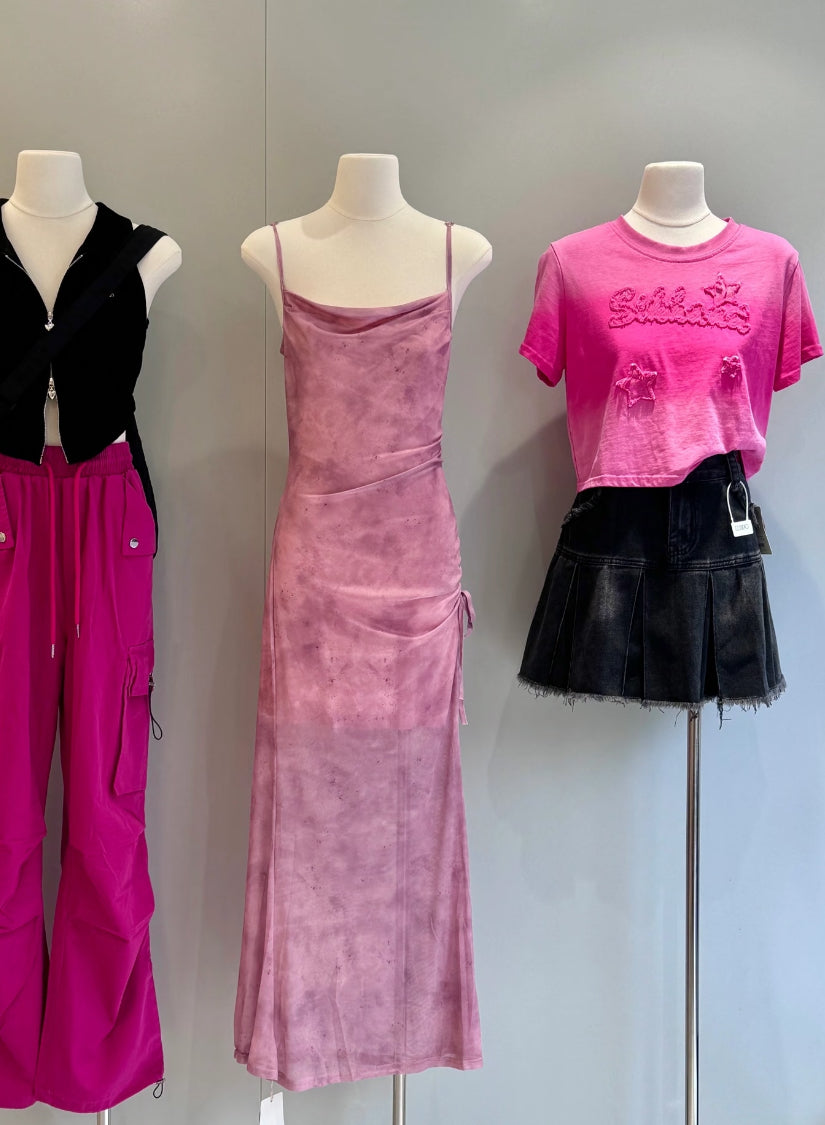 Mesh Side Tie Strap Long Dress (Pink, Blue, Grey)