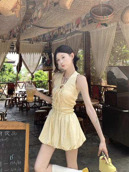 Round Collar Yellow Mini Dress