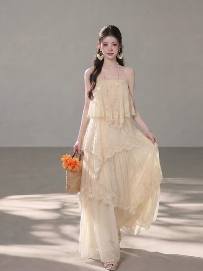 Chiffon Mix Lace Thin Bareback Long Dress
