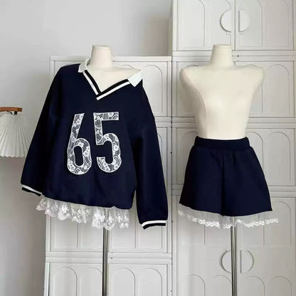 No.65 Premium Navy Sweater Top + Shorts Two Piece Set