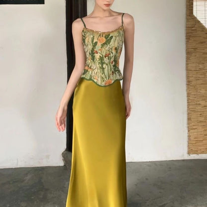 Green Cheongsam Top + Skirt Two Piece Set (XS)