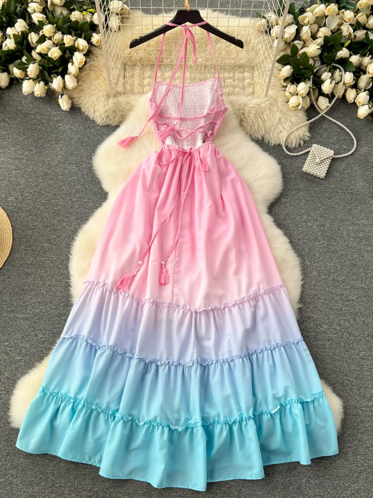 Ombre Pink Bareback Maxi Long Dress