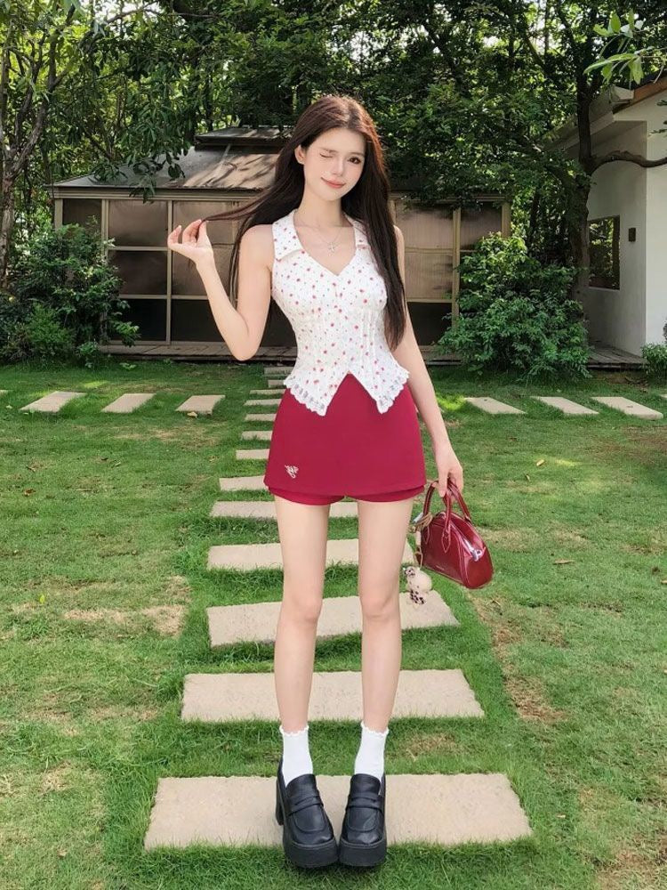 Floral White Top + Wine Red Skirt Two Piece Set