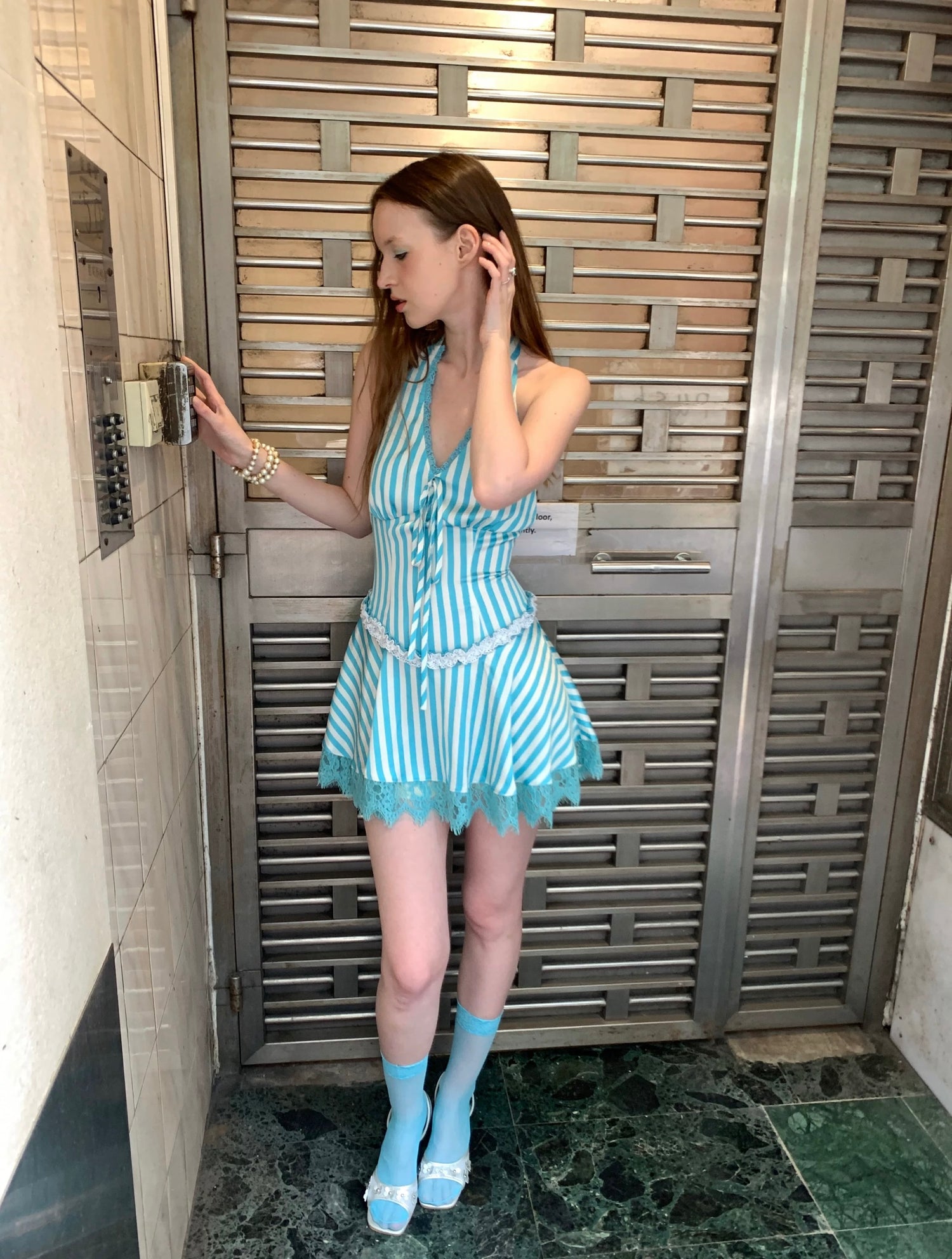 Round Collar Mint Stripe Mini Dress 限量