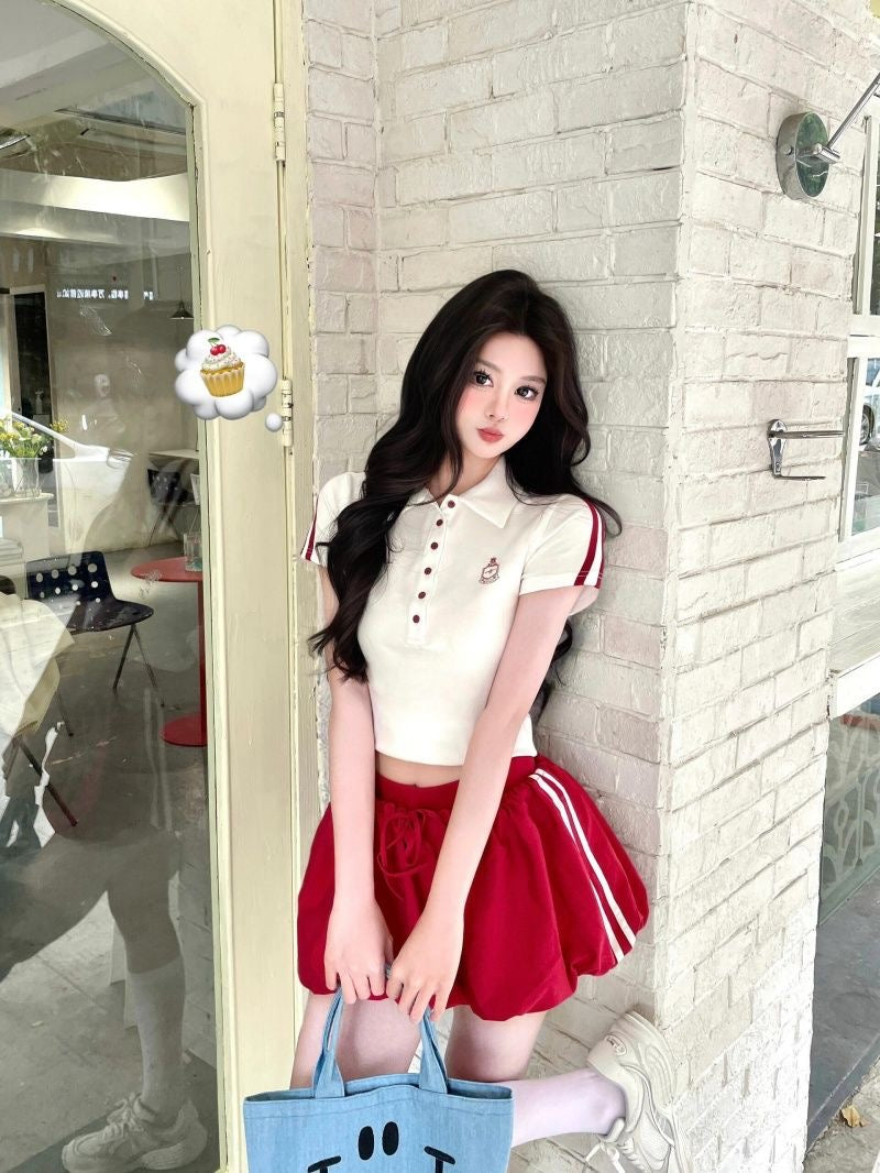 Collar White Top + Wine Red Skirt Two Piece Set