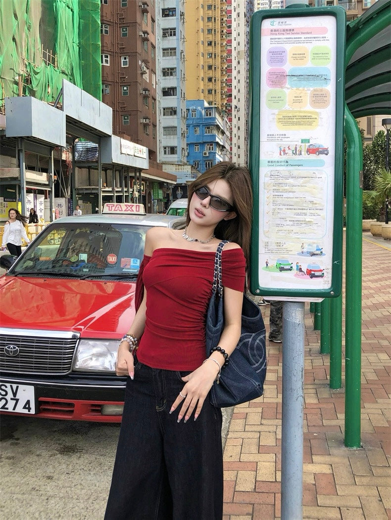 Red Off Side Shoulder Sleeve Top