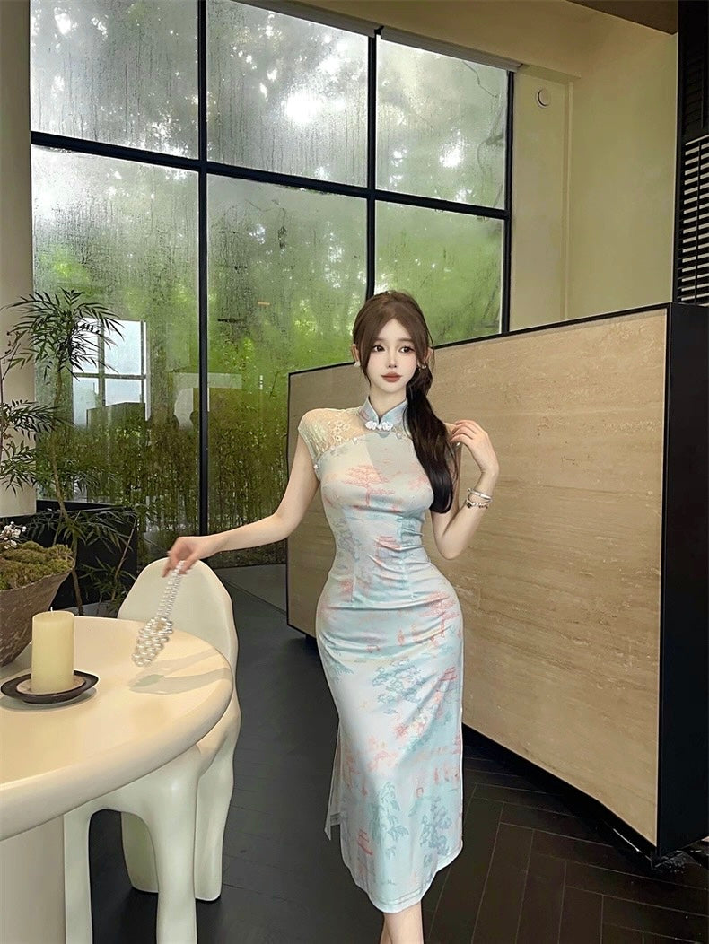 Green Lace Collar Cheongsam CD007 Long Dress