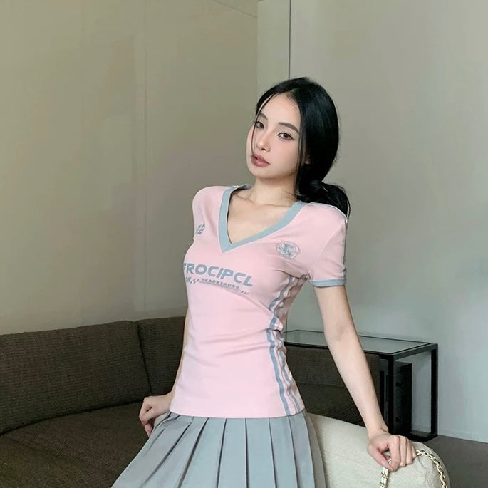 V Collar Two Tone Top (Pink)