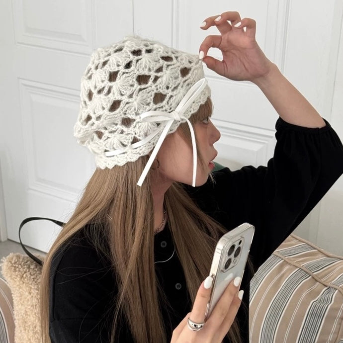 White Ribbon Knitted Embroidery Hat