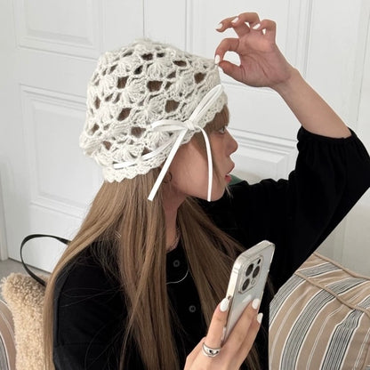 White Ribbon Knitted Embroidery Hat