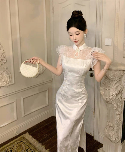 Lace Collar White Cheongsam CD001 Long Dress (S)