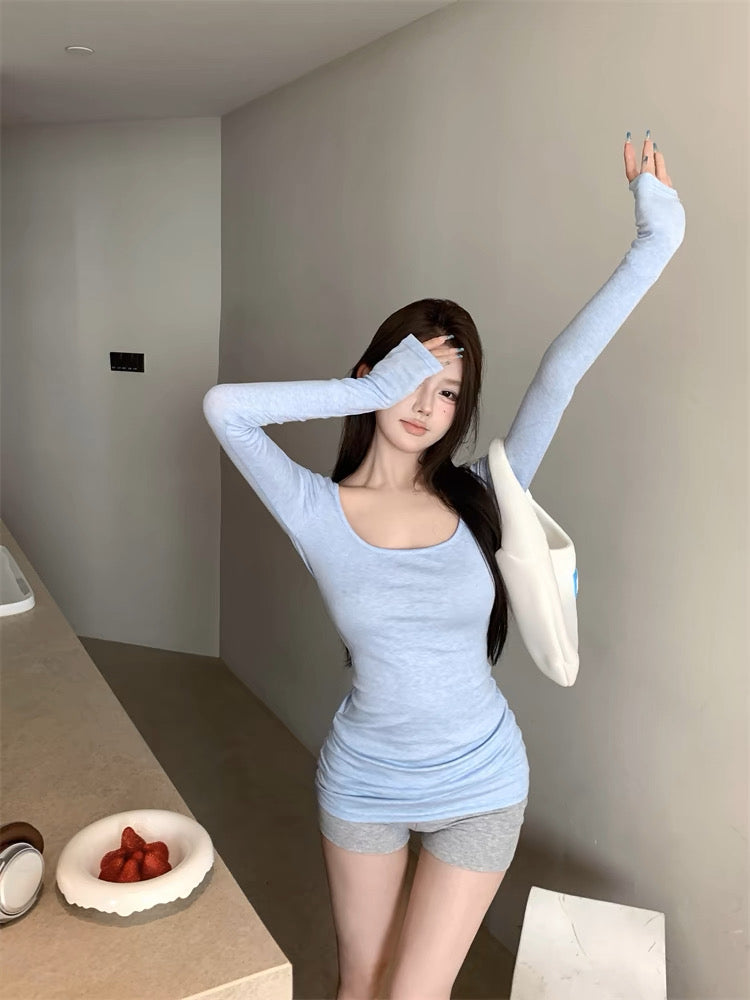 U Collar Thin Long Sleeve Long Top