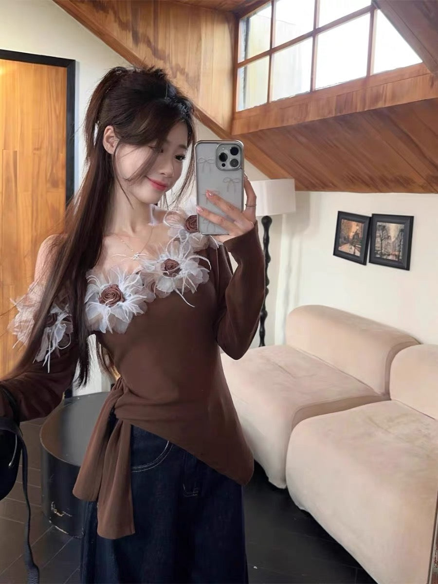 3D Chocolate Rose Off Shoulder Long Sleeve Top