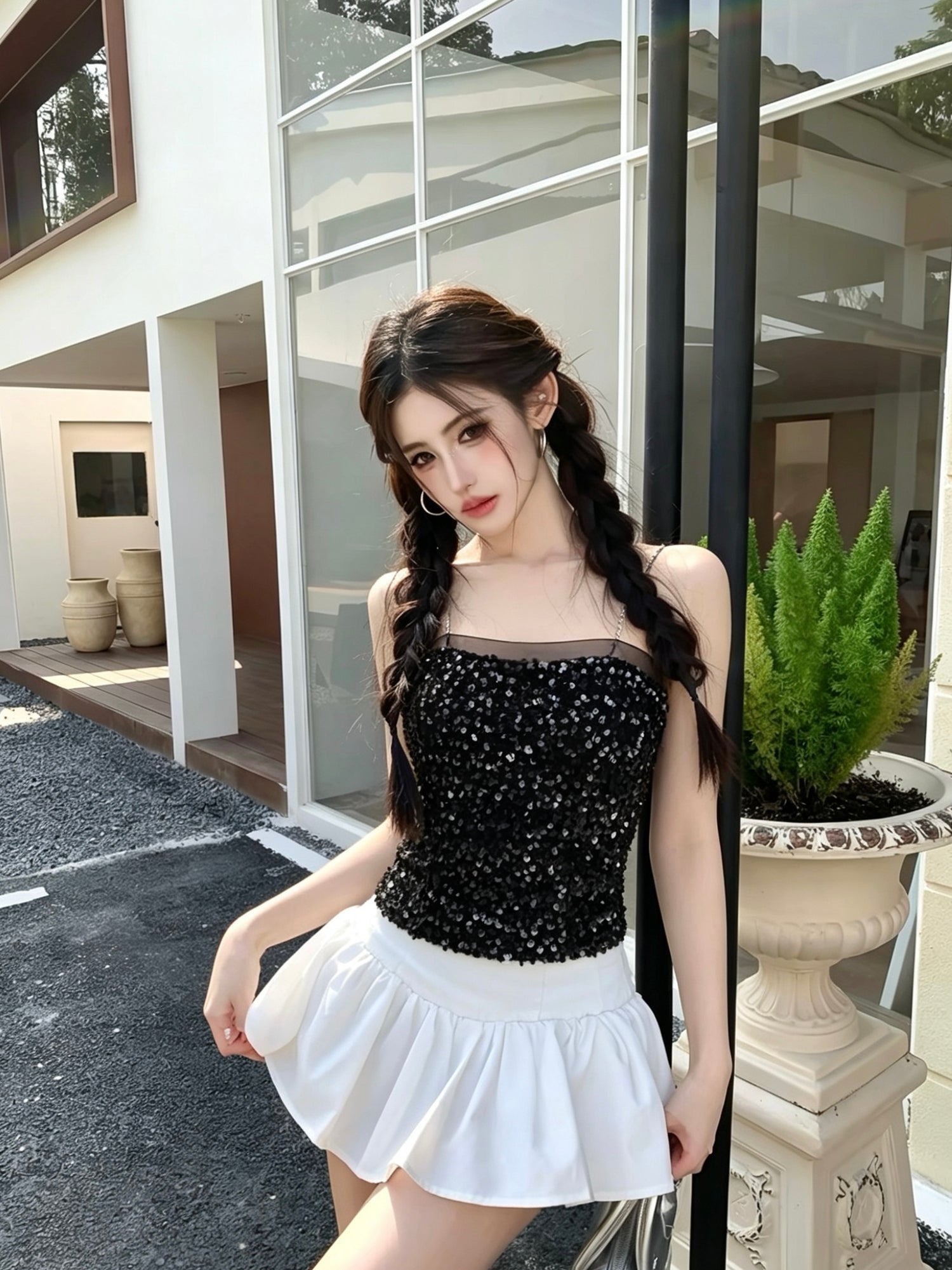 Shiny Strap Mesh Tube Top