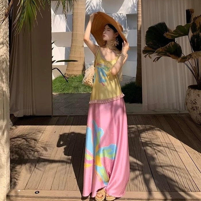 Yellow Pink Strap Long Dress