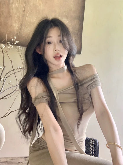 Milk Tea Off Shoulder Top + Long Skirt + Strap Three Pieces Set