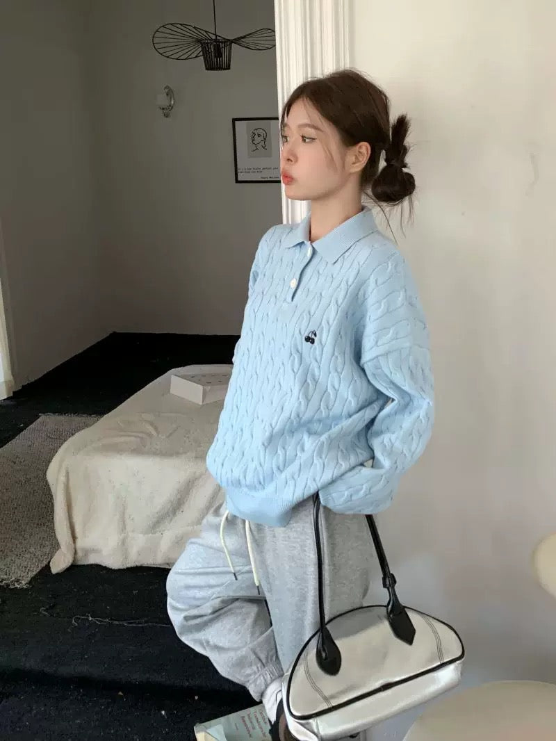 Collar Long Sleeve Cherry Knitted Top (Blue, Pink)