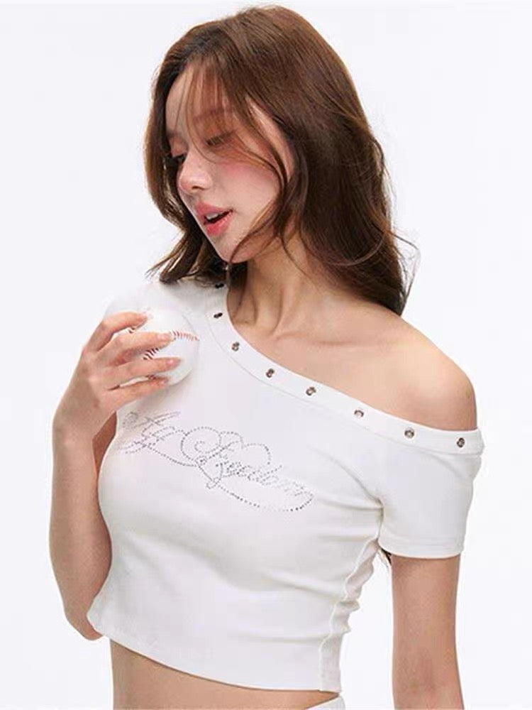 White Off Side Shoulder Diamond Print Top