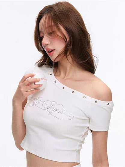 White Off Side Shoulder Diamond Print Top