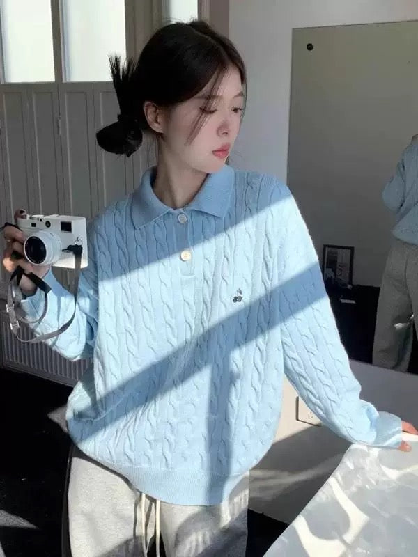 Collar Long Sleeve Cherry Knitted Top (Blue, Pink)