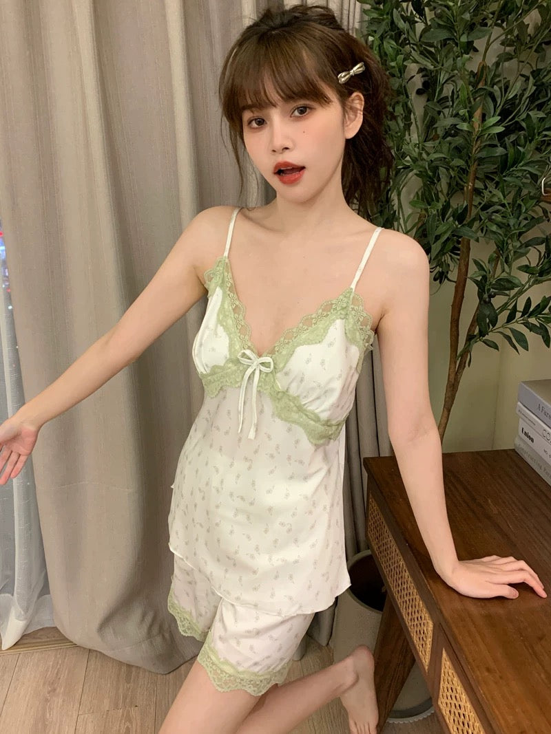 Green Lace Silk Homewear Two Pieces Set Pyjamas