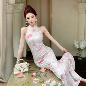 Pink Flower Sleeveless Fish Tail Cheongsam Long Dress (S)