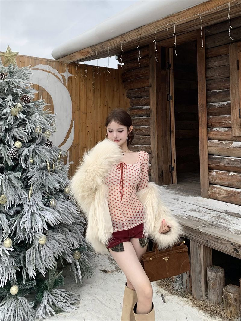 Mesh Red Hearts Long Sleeve Top