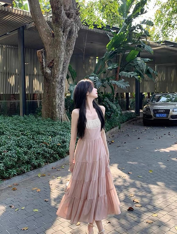 Mix Cream Pink Strap Long Dress