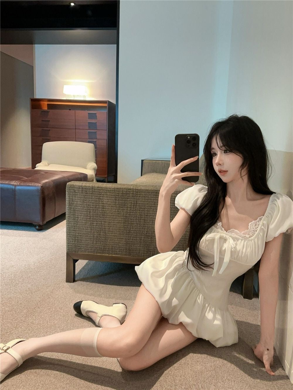 Silk White Puff Sleeve Mini Dress + Shorts Two Piece Set (S)