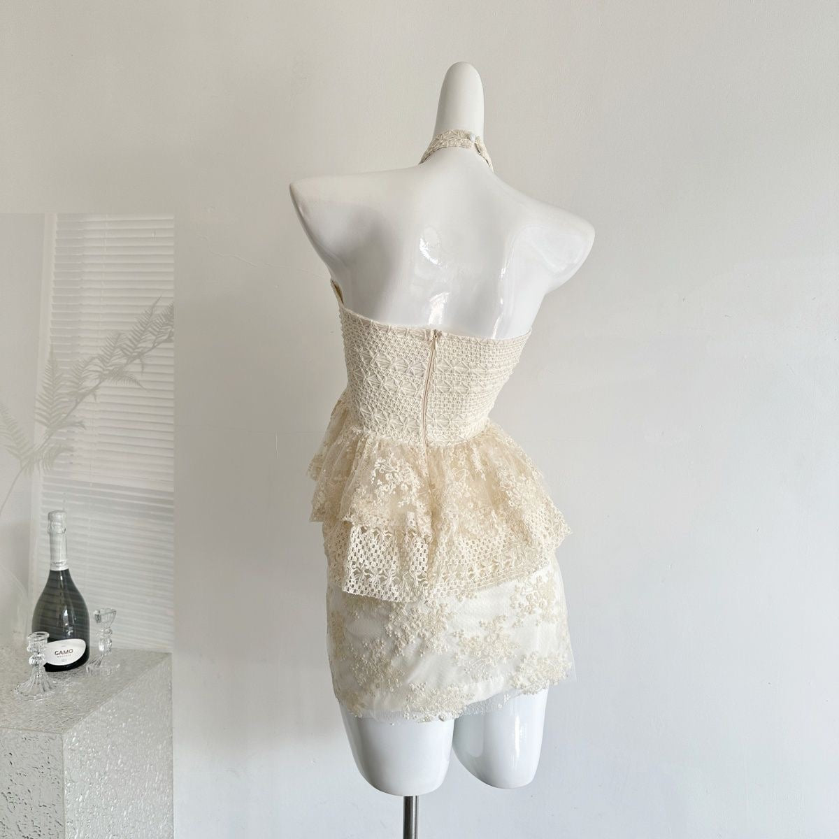 Embroidery Beige Top + Skirt Two Piece Set(XS, S, M)