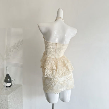 Embroidery Beige Top + Skirt Two Piece Set(XS, S, M)