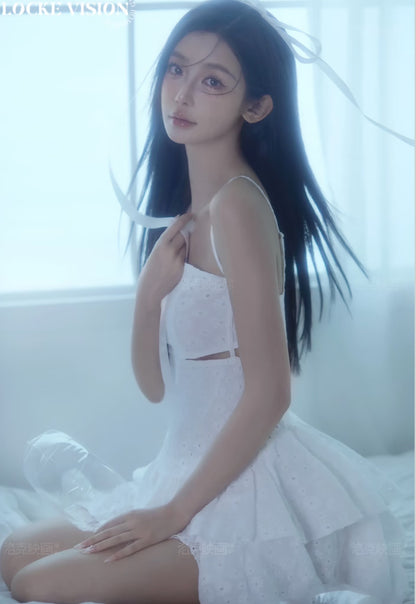 White Embroidery Waist Cut Short Dress (S)