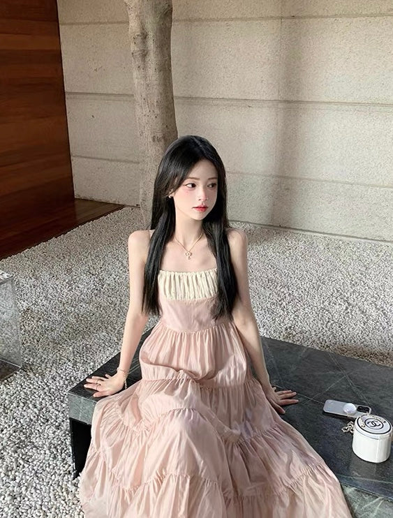 Mix Cream Pink Strap Long Dress
