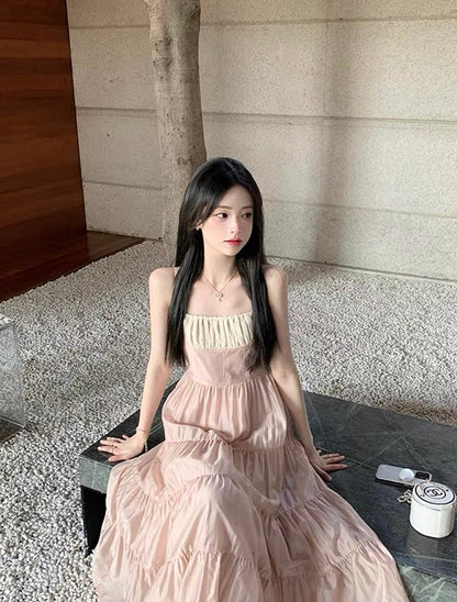 Mix Cream Pink Strap Long Dress