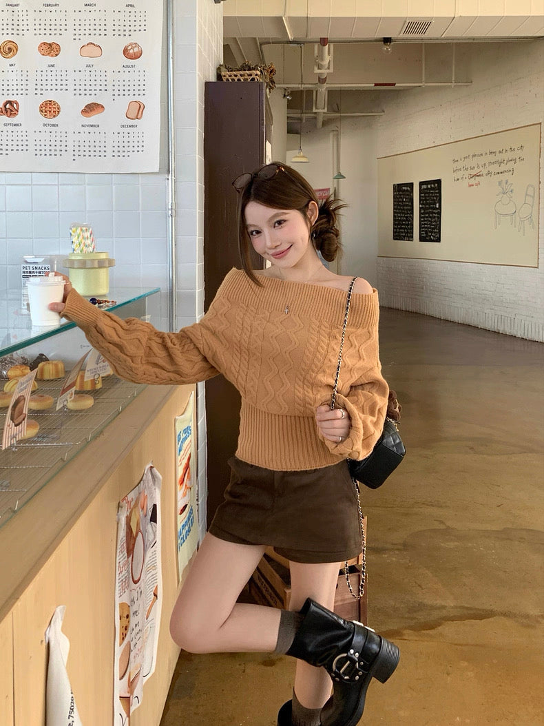 Multi Wear Off Shoulder Long Sleeve Crop Knitted Top With Collar