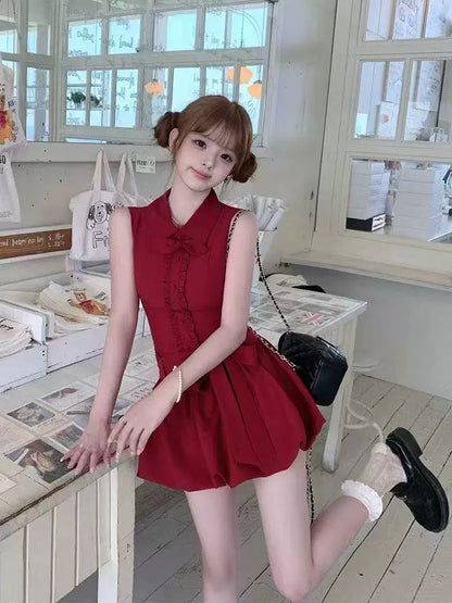 Sleeveless Collar Wine Red Dress