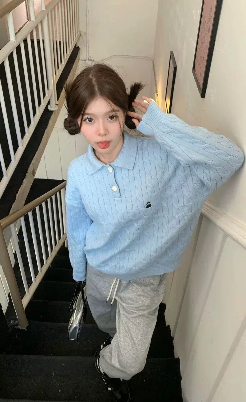 Collar Long Sleeve Cherry Knitted Top (Blue, Pink)