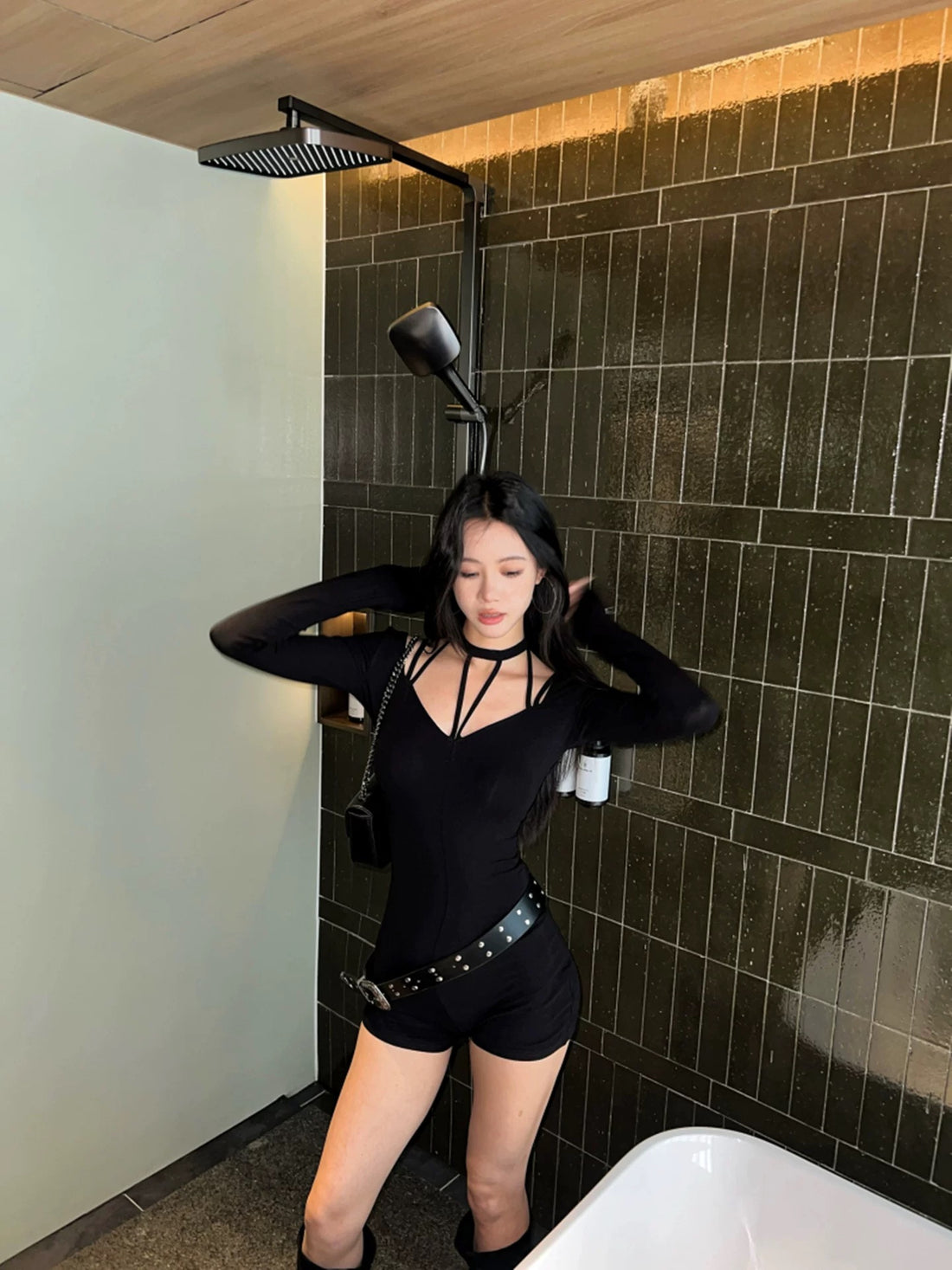 Black Halter Collar Long Sleeve Romper