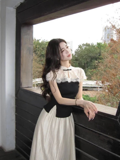 White Collar Black Cheongsam Top