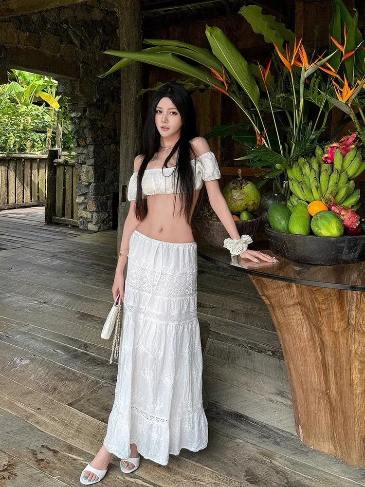 White Off Shoulder Crop Top Long Skirt Three Pieces Set