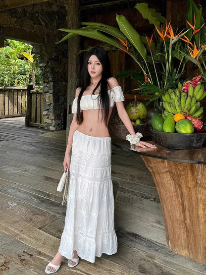 White Off Shoulder Crop Top Long Skirt Three Pieces Set