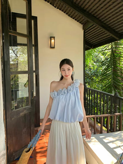 3D Rose Collar Off Side Shoulder Top