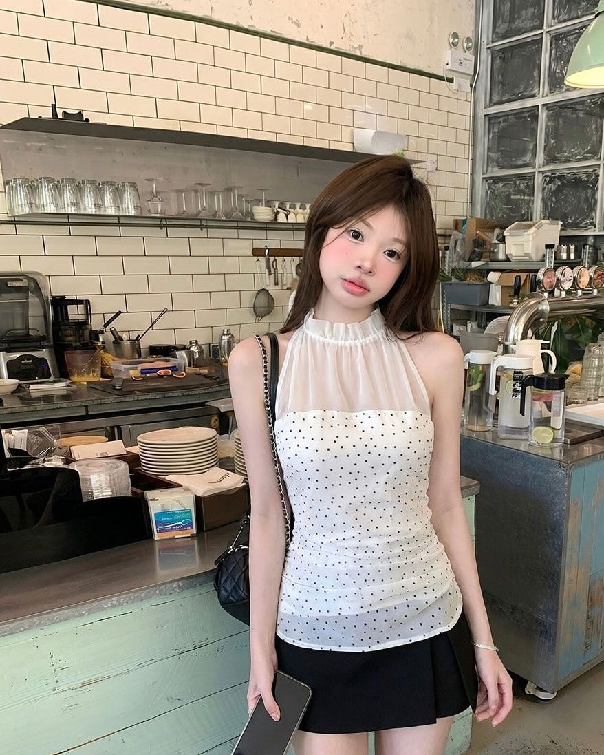 Polka Dot Top White Mix Mesh Top