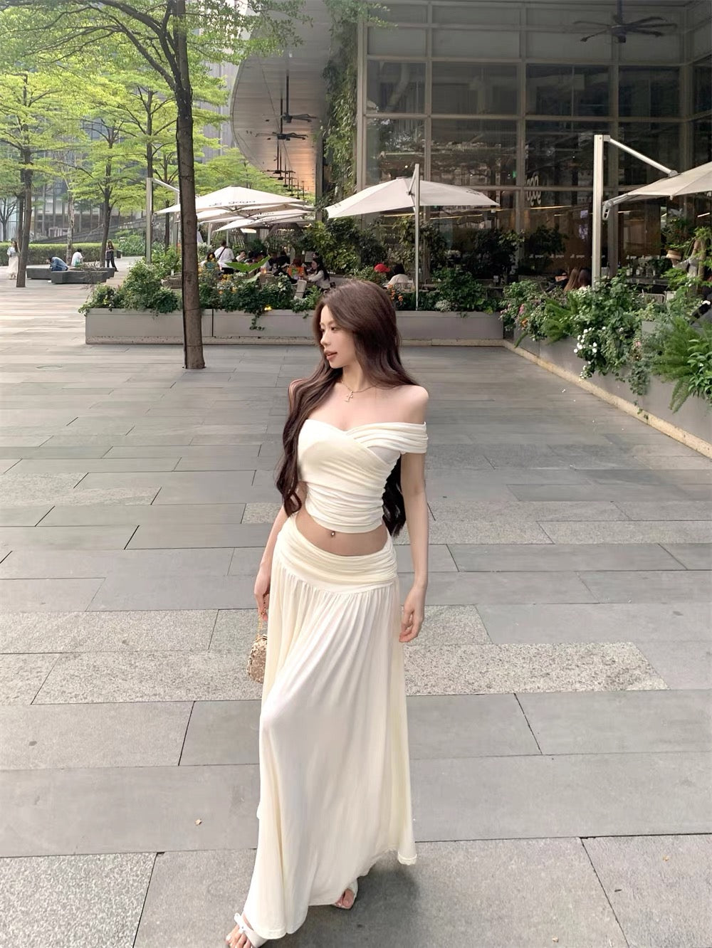 Cream Off Shoulder Top + Long Skirt Two Pieces Set