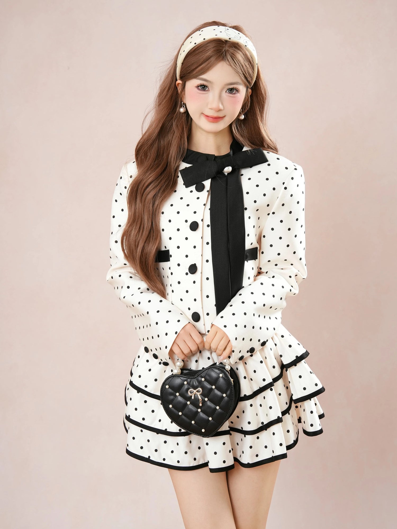 Black Dot Beige Top + Skirt Channe Two Piece Set