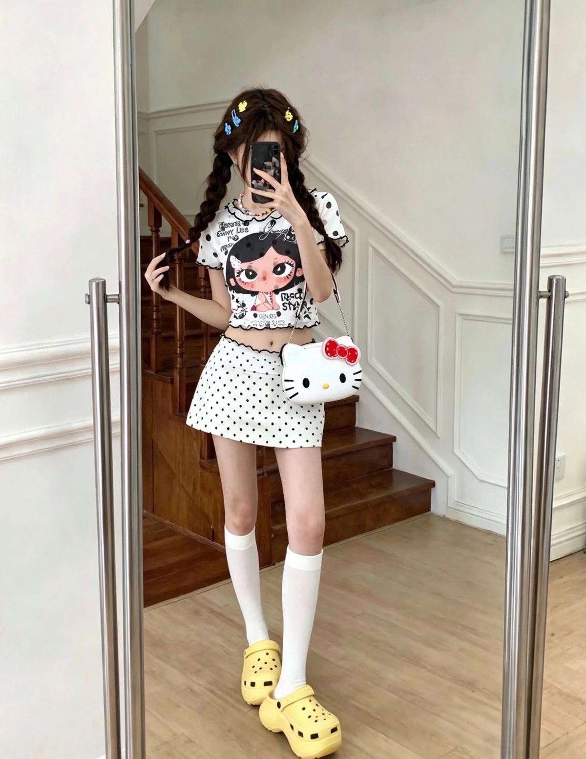 Black Dot White Mesh Top